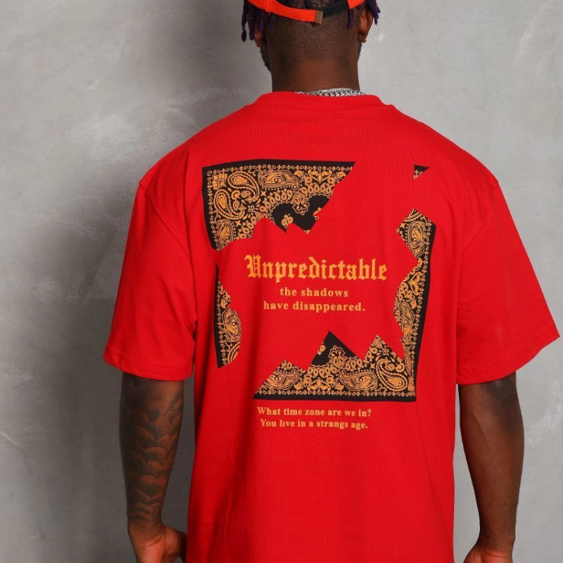 Oversize Baskılı Bisiklet Yaka T-Shirt - Kırmızı -