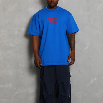 Oversize Baskılı Bisiklet Yaka T-Shirt - Mavi -