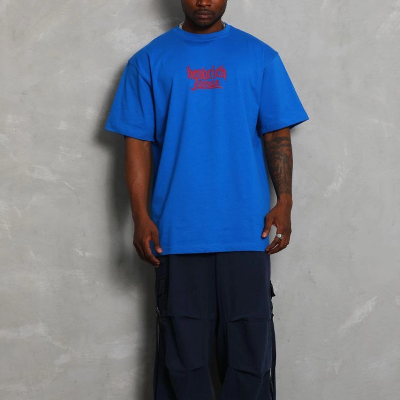 Oversize Baskılı Bisiklet Yaka T-Shirt - Mavi -