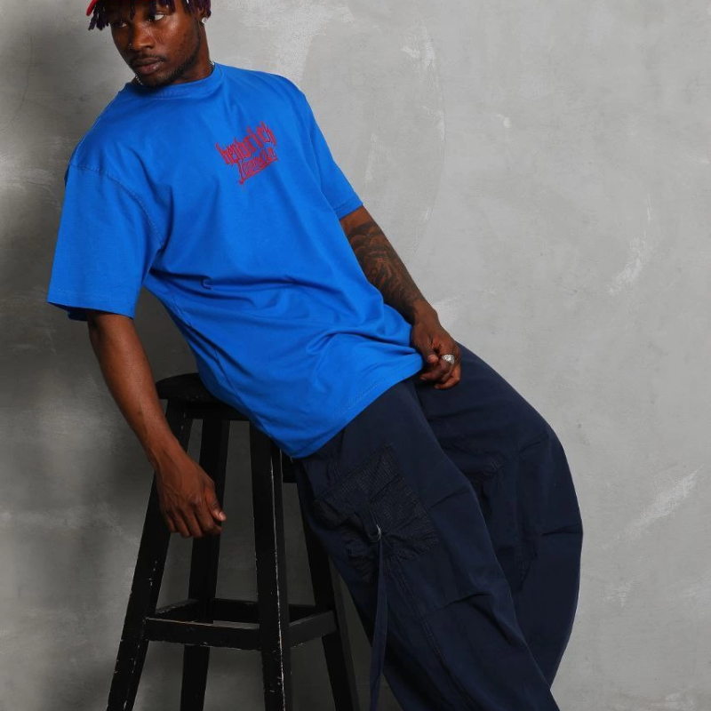 Oversize Baskılı Bisiklet Yaka T-Shirt - Mavi -