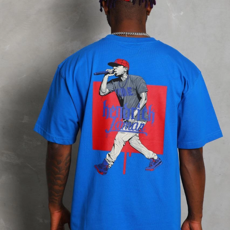 Oversize Baskılı Bisiklet Yaka T-Shirt - Mavi -