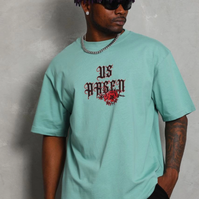 Oversize Baskılı Bisiklet Yaka T-Shirt - Mint Yeşili