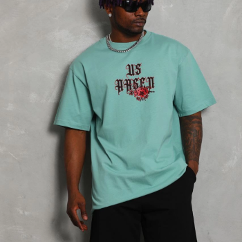 Oversize Baskılı Bisiklet Yaka T-Shirt - Mint Yeşili