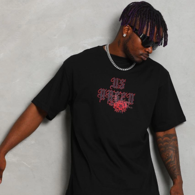 Oversize Baskılı Bisiklet Yaka T-Shirt - Siyah -