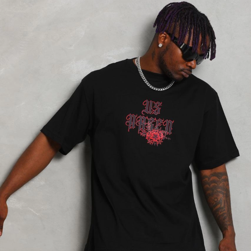 Oversize Baskılı Bisiklet Yaka T-Shirt - Siyah -