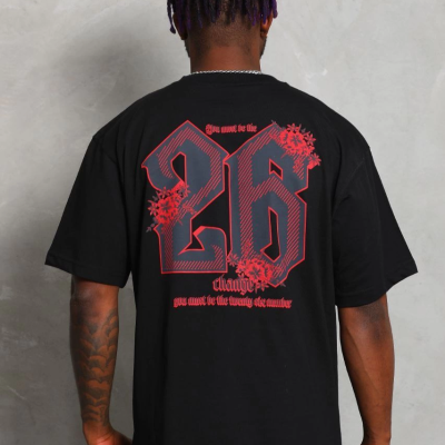 Oversize Baskılı Bisiklet Yaka T-Shirt - Siyah -