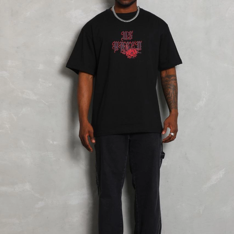 Oversize Baskılı Bisiklet Yaka T-Shirt - Siyah -