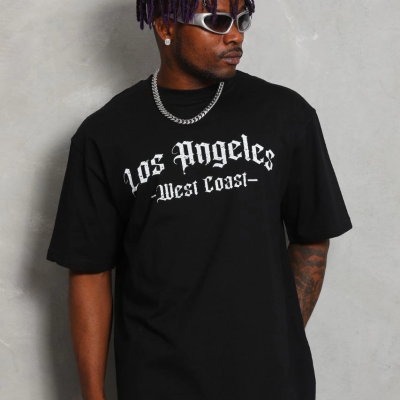 Oversize Baskılı Bisiklet Yaka T-Shirt - Siyah -