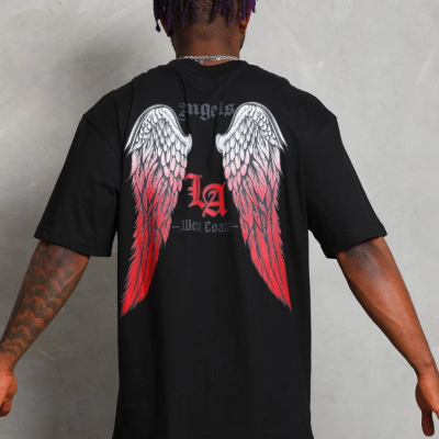 Oversize Baskılı Bisiklet Yaka T-Shirt - Siyah -