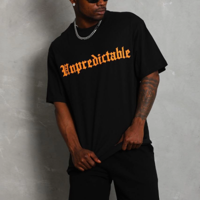 Oversize Baskılı Bisiklet Yaka T-Shirt - Siyah -