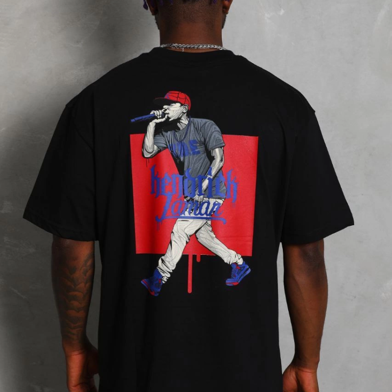 Oversize Baskılı Bisiklet Yaka T-Shirt - Siyah -