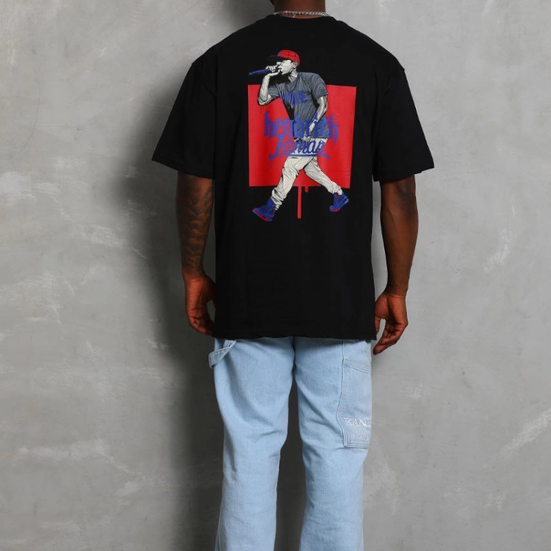 Oversize Baskılı Bisiklet Yaka T-Shirt - Siyah -