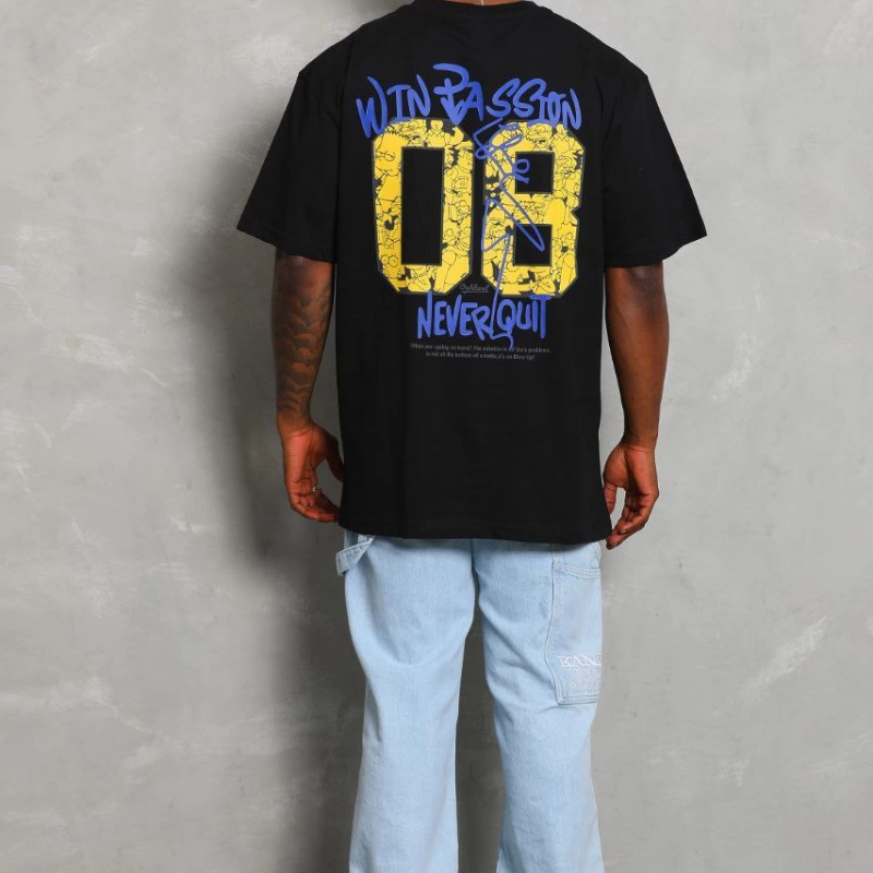 Oversize Baskılı Bisiklet Yaka T-Shirt - Siyah -