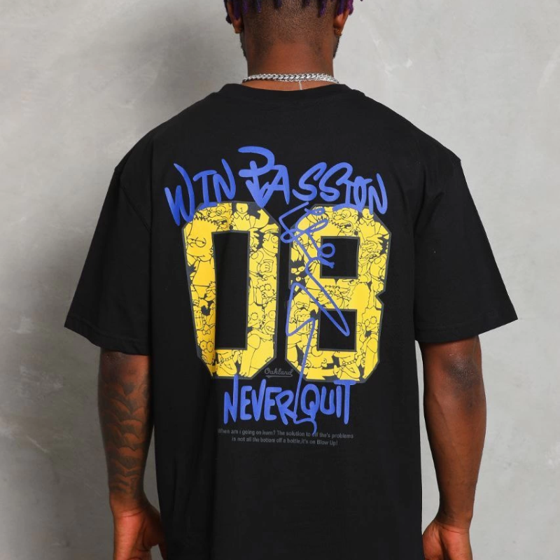 Oversize Baskılı Bisiklet Yaka T-Shirt - Siyah -