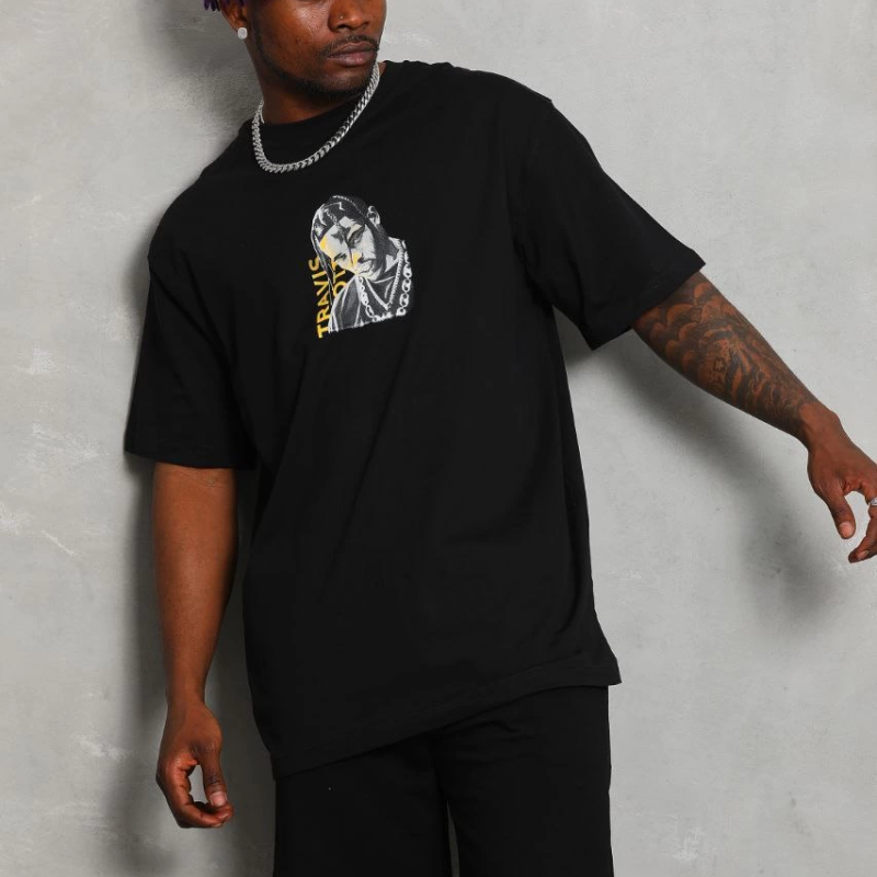 Oversize Baskılı Bisiklet Yaka T-Shirt - Siyah -