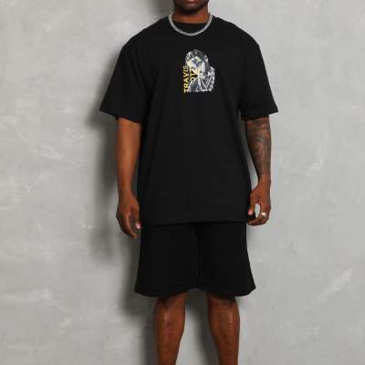 Oversize Baskılı Bisiklet Yaka T-Shirt - Siyah -