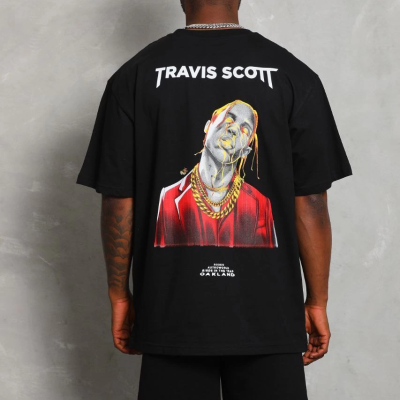 Oversize Baskılı Bisiklet Yaka T-Shirt - Siyah -