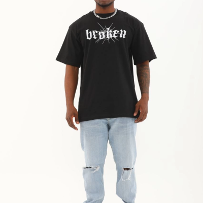 Oversize Baskılı Bisiklet Yaka T-Shirt - Siyah -