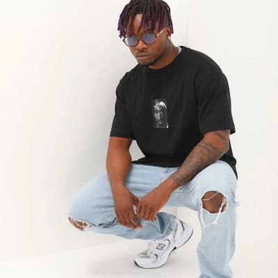 Oversize Baskılı Bisiklet Yaka T-Shirt - Siyah -