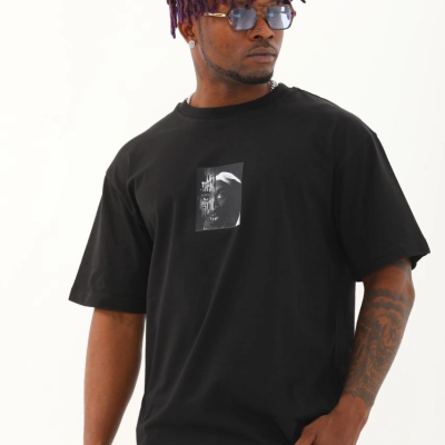 Oversize Baskılı Bisiklet Yaka T-Shirt - Siyah -
