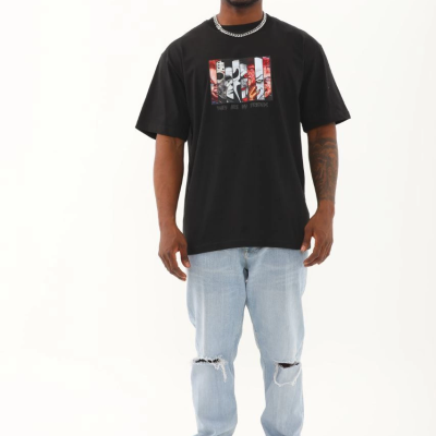 Oversize Baskılı Bisiklet Yaka T-Shirt - Siyah -