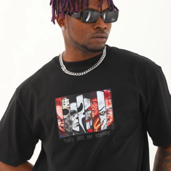 Oversize Baskılı Bisiklet Yaka T-Shirt - Siyah -