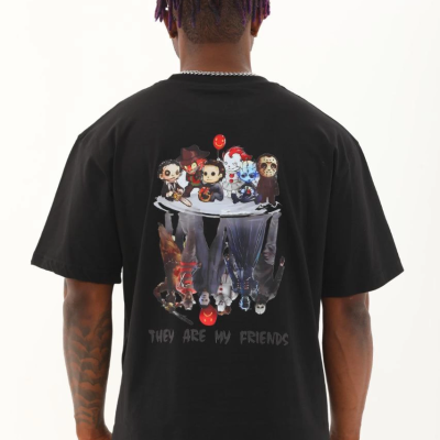 Oversize Baskılı Bisiklet Yaka T-Shirt - Siyah -