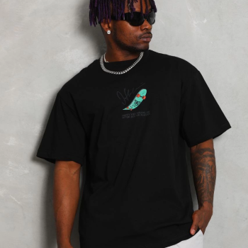 Oversize Baskılı Bisiklet Yaka T-Shirt - Siyah -