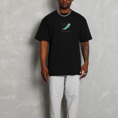 Oversize Baskılı Bisiklet Yaka T-Shirt - Siyah -