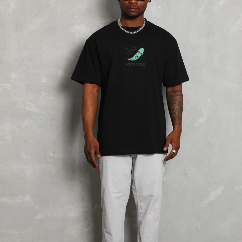 Oversize Baskılı Bisiklet Yaka T-Shirt - Siyah -