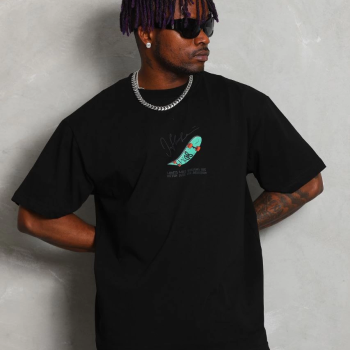 Oversize Baskılı Bisiklet Yaka T-Shirt - Siyah -