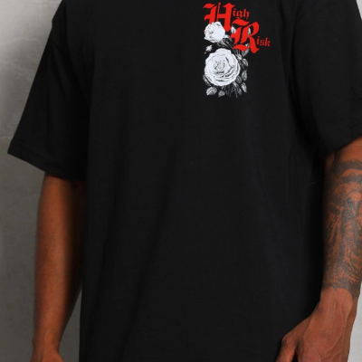 Oversize Baskılı Bisiklet Yaka T-Shirt - Siyah -