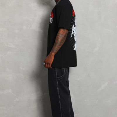 Oversize Baskılı Bisiklet Yaka T-Shirt - Siyah -