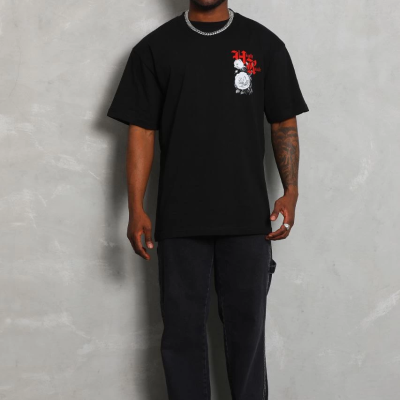 Oversize Baskılı Bisiklet Yaka T-Shirt - Siyah -