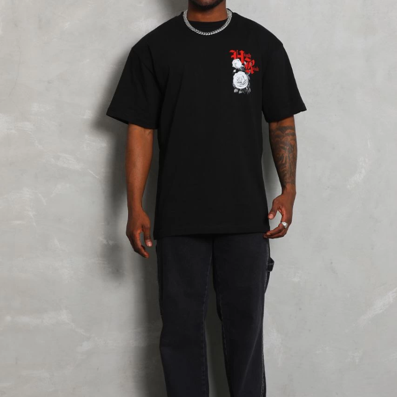 Oversize Baskılı Bisiklet Yaka T-Shirt - Siyah -