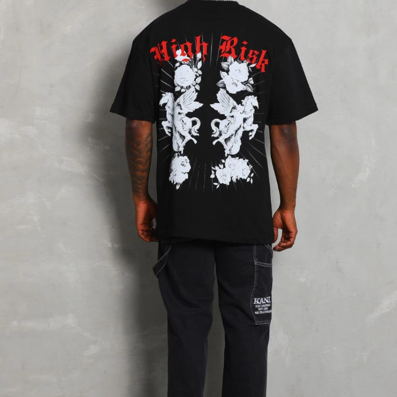 Oversize Baskılı Bisiklet Yaka T-Shirt - Siyah -