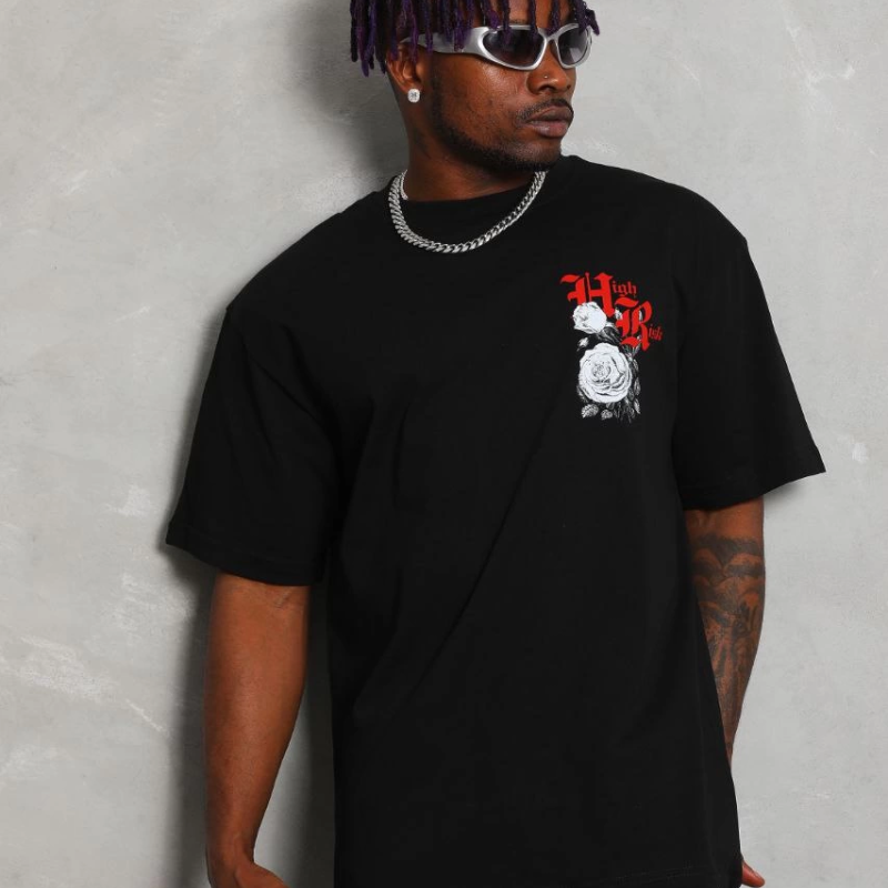 Oversize Baskılı Bisiklet Yaka T-Shirt - Siyah -