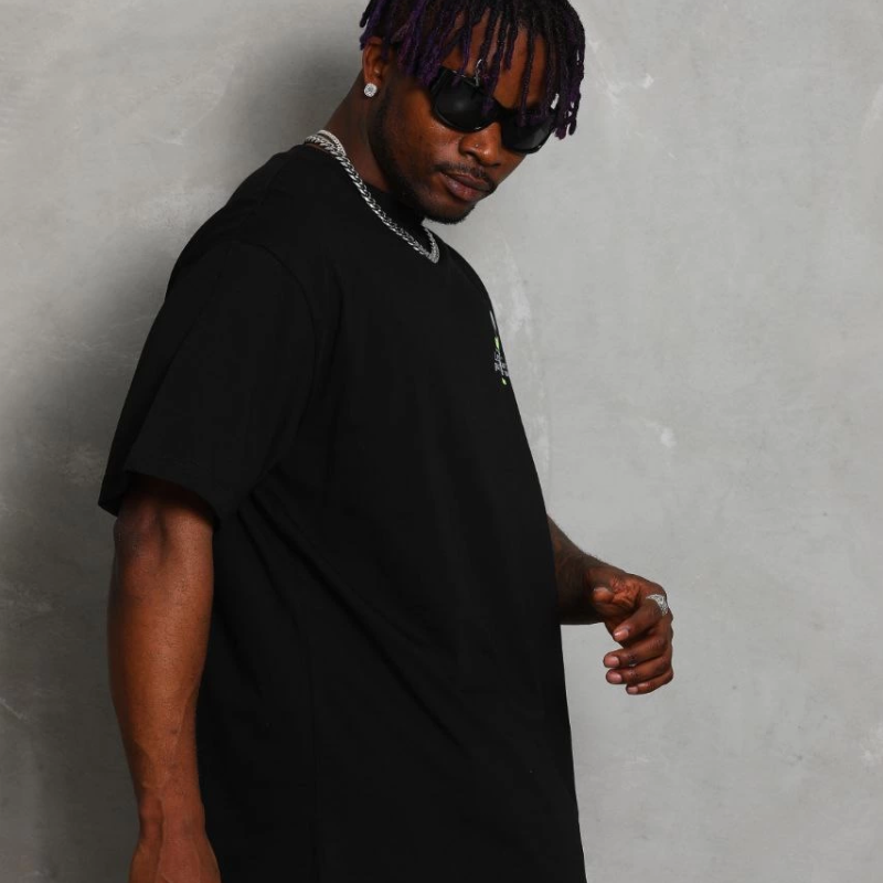 Oversize Baskılı Bisiklet Yaka T-Shirt - Siyah -