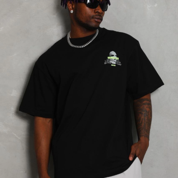 Oversize Baskılı Bisiklet Yaka T-Shirt - Siyah -