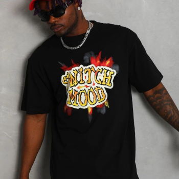 Oversize Baskılı Bisiklet Yaka T-Shirt - Siyah -