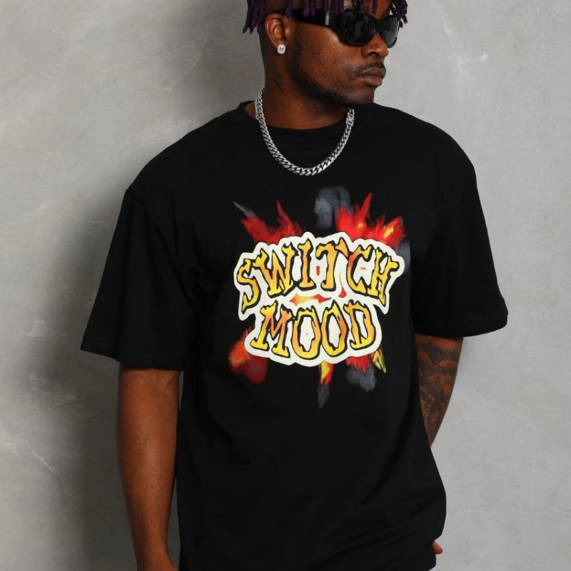 Oversize Baskılı Bisiklet Yaka T-Shirt - Siyah -