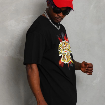 Oversize Baskılı Bisiklet Yaka T-Shirt - Siyah -