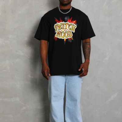 Oversize Baskılı Bisiklet Yaka T-Shirt - Siyah -