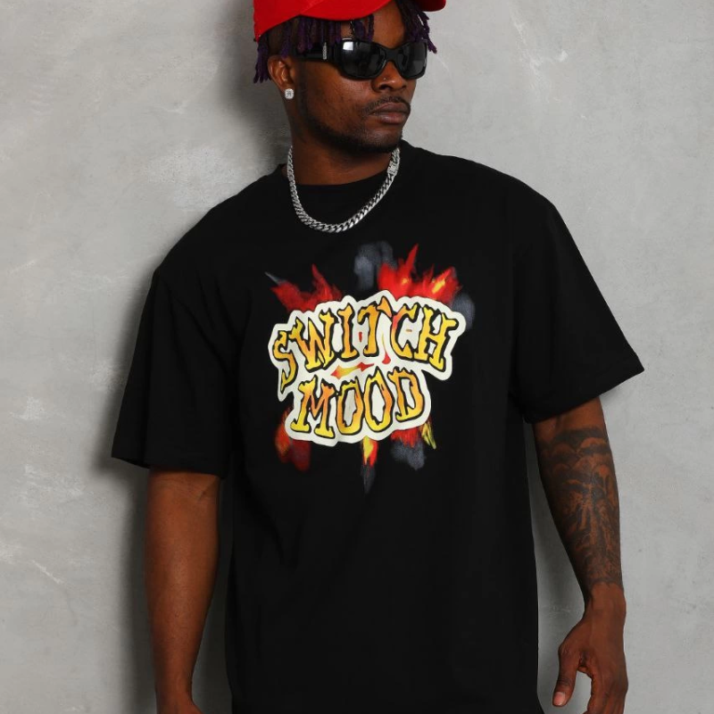 Oversize Baskılı Bisiklet Yaka T-Shirt - Siyah -