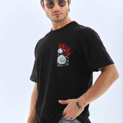 Oversize Baskılı Bisiklet Yaka T-Shirt - Siyah -