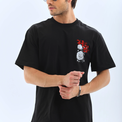 Oversize Baskılı Bisiklet Yaka T-Shirt - Siyah -