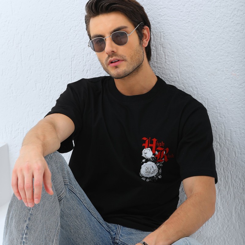 Oversize Baskılı Bisiklet Yaka T-Shirt - Siyah -