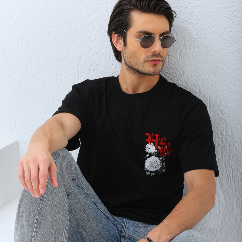 Oversize Baskılı Bisiklet Yaka T-Shirt - Siyah -