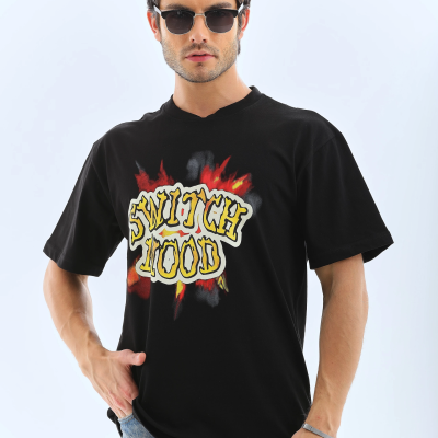 Oversize Baskılı Bisiklet Yaka T-Shirt - Siyah -