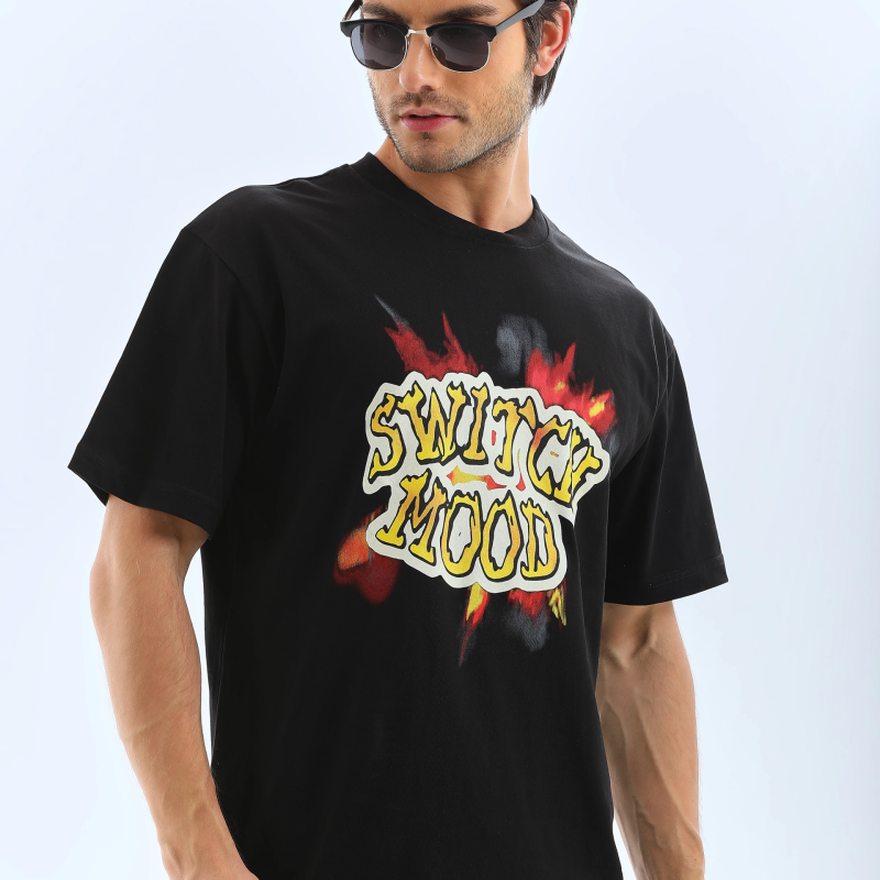 Oversize Baskılı Bisiklet Yaka T-Shirt - Siyah -